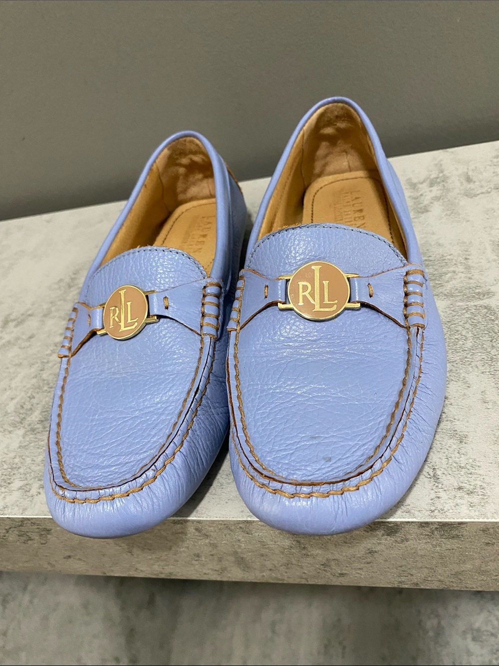Ralph Lauren Carley Liight Blue Pebbled Leather Loafers with Gold RL Medallion - Picture 7 of 14